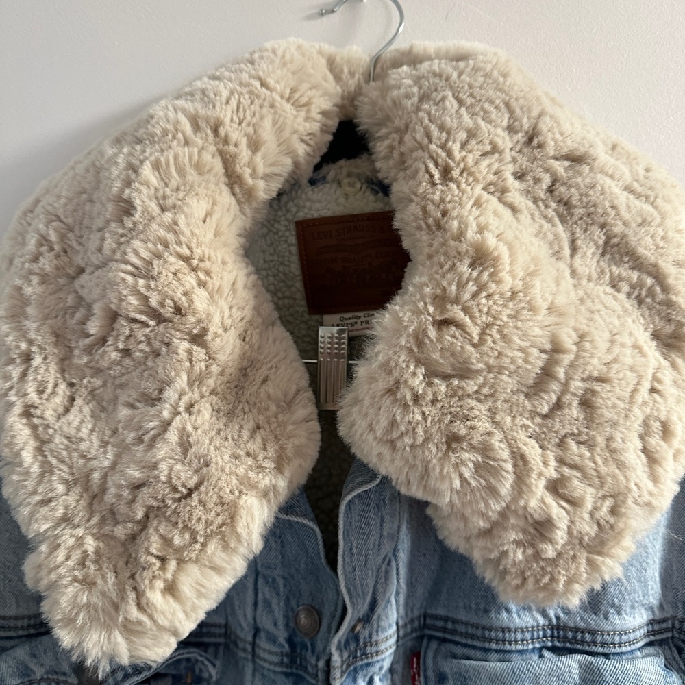 Levi's Light Blue Denim Jacket with Cream Faux Fur Collar - Picture 5 of 6